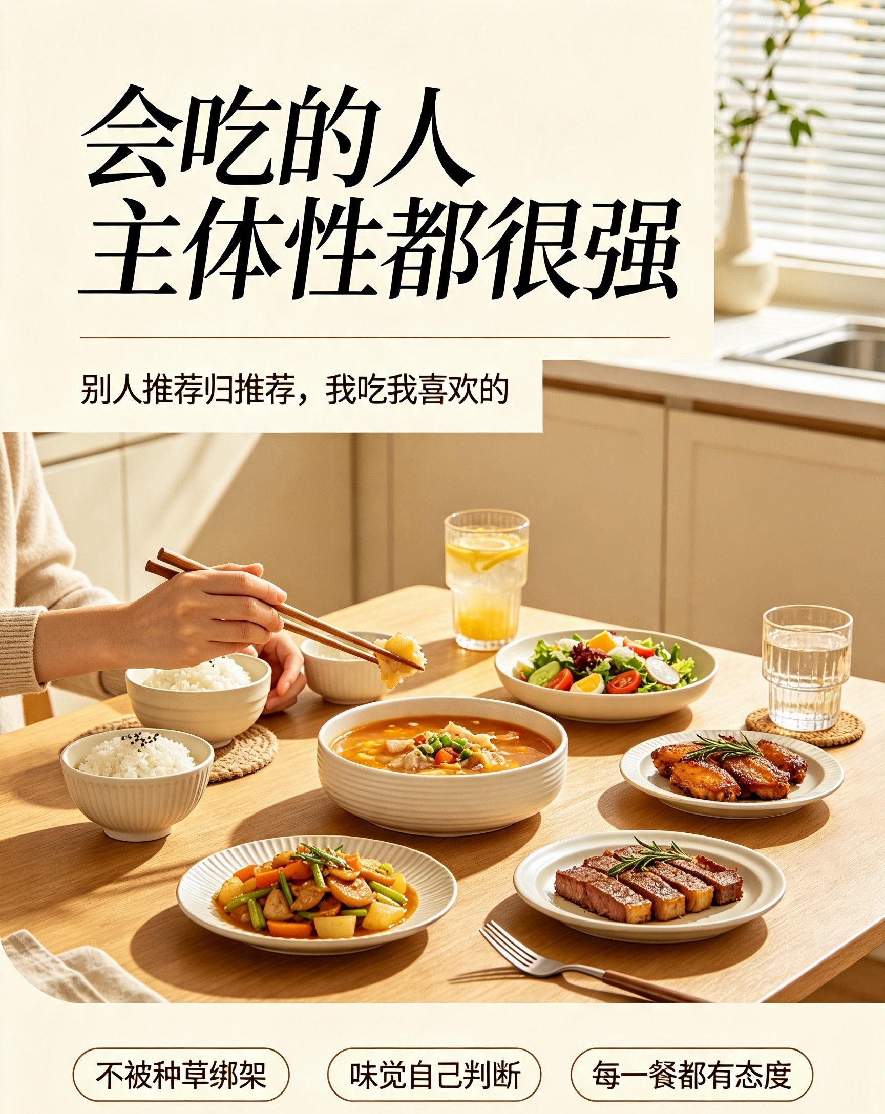会吃的人主体性都很强拒绝被流量美食裹挟，有自己的味觉判断。认真对待每一餐，也是认
