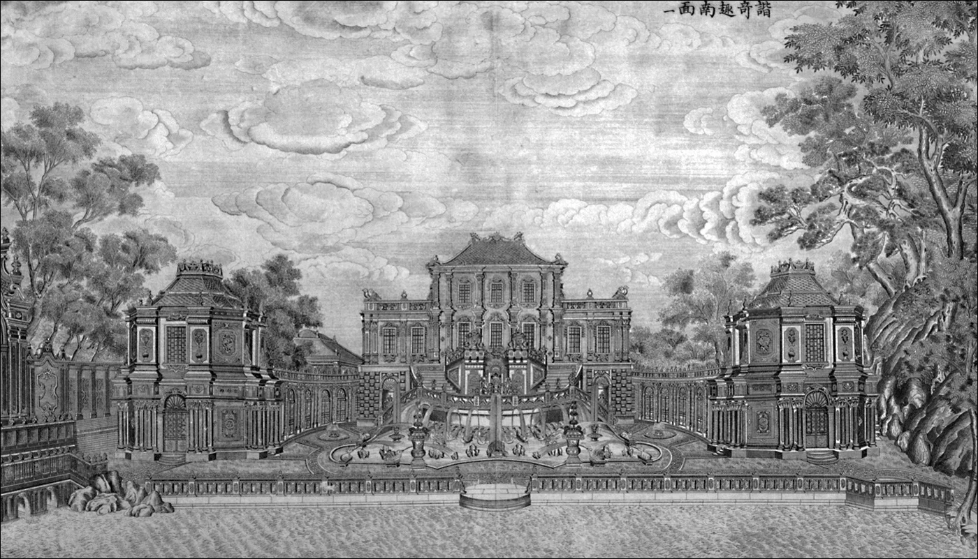 【圆明园-西洋楼】园林建筑组团的铜版画，諧奇趣南面一。由耶稣会顾问小组...