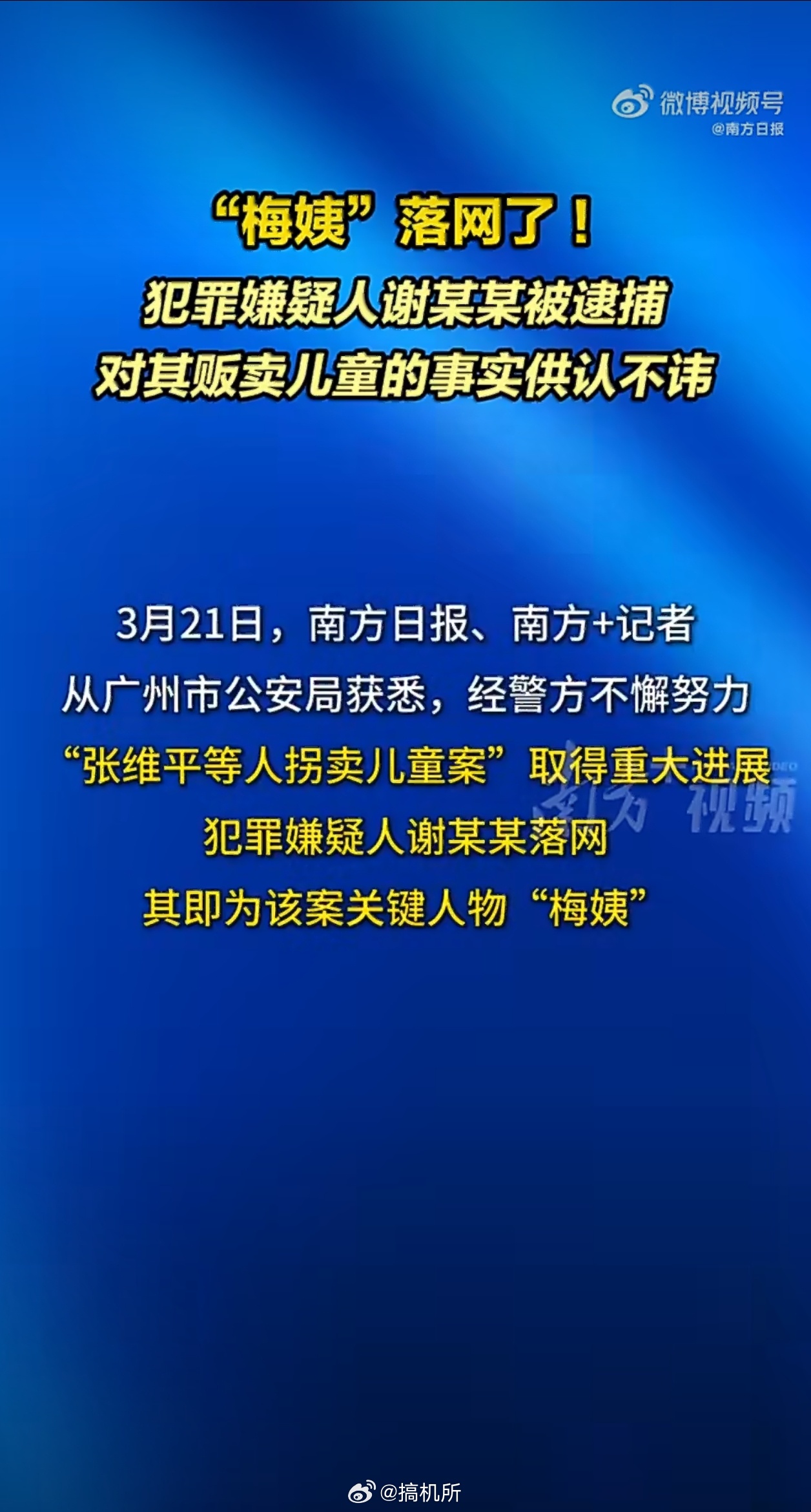 梅姨被逮捕太好了，终于落网了。贩卖人口就该判死刑，害得那么多家庭支离破碎，还逍遥