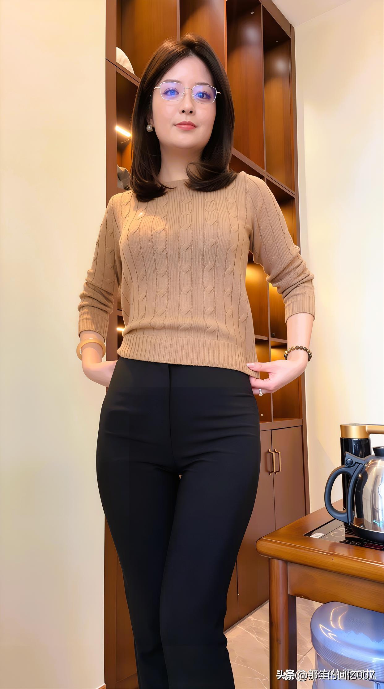米色毛衣配黑色长裤，这搭配简直是优雅气质的代名词！
米色温柔又治愈，给人一种岁月