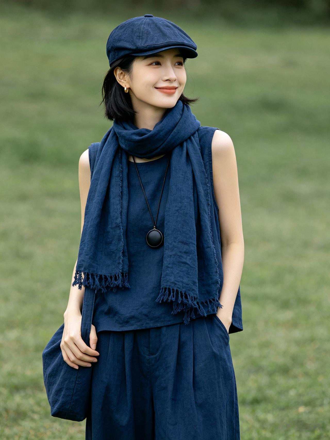 短发女子头戴藏蓝报童帽，一身同色系无袖上衣阔腿裤搭配流苏围巾，配饰简约精巧，一手