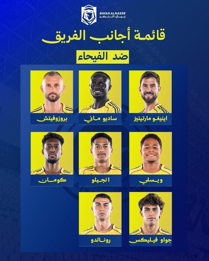 C罗[超话] 今晚比赛外援名单：C 罗、菲利克斯、韦斯利、安热若、科曼、伊尼戈、