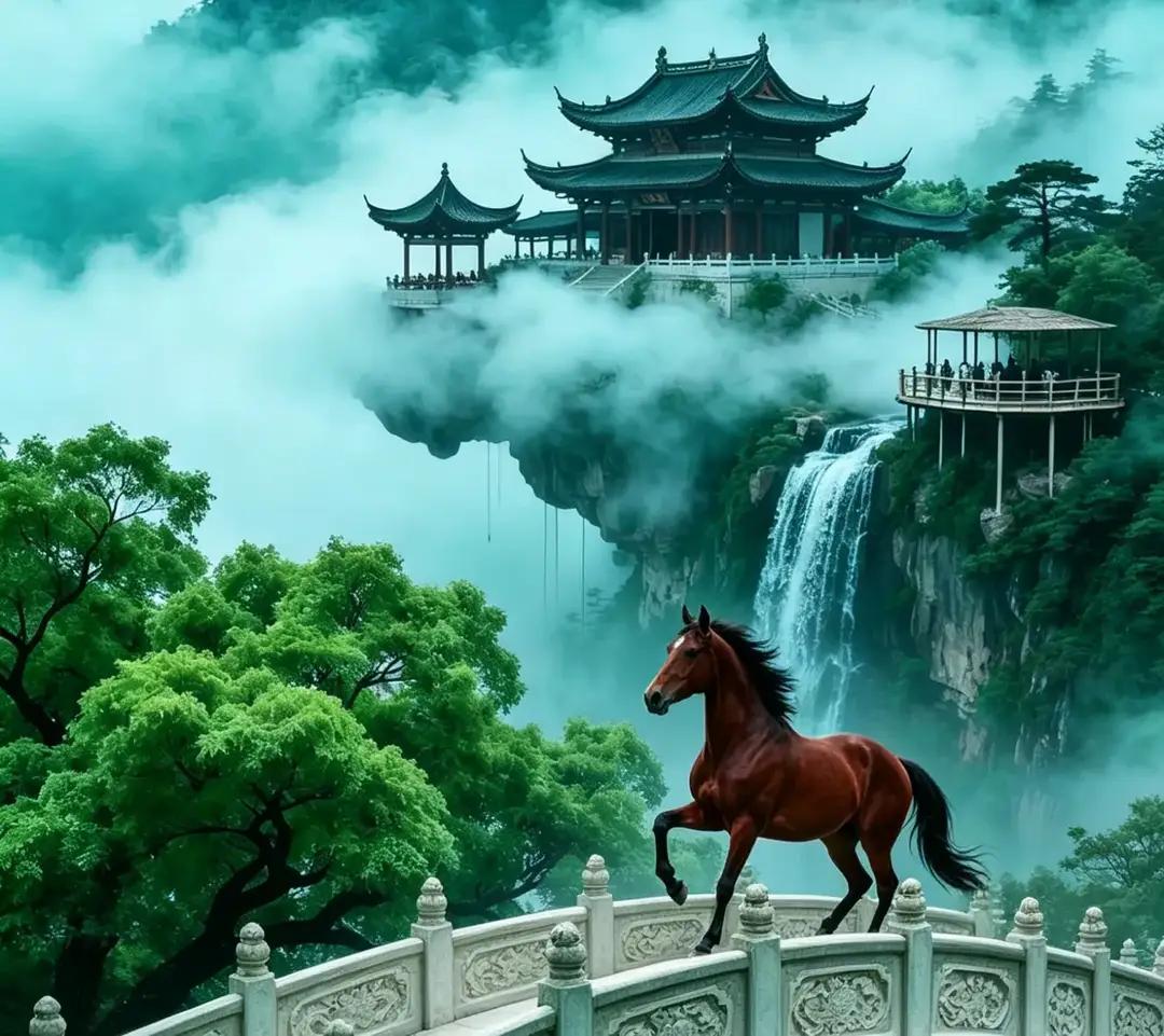 云彩中的亭台楼阁，瀑布流水。石桥上奔驰的骏马，绿树成荫，太美丽耀眼啦！
