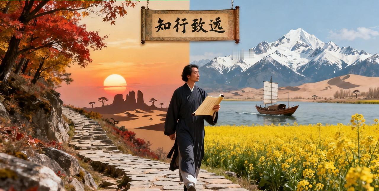 请你对下联踏春夏秋冬路，写东西南北诗。横批：知行致远
（“踏路”为行，“写诗”为