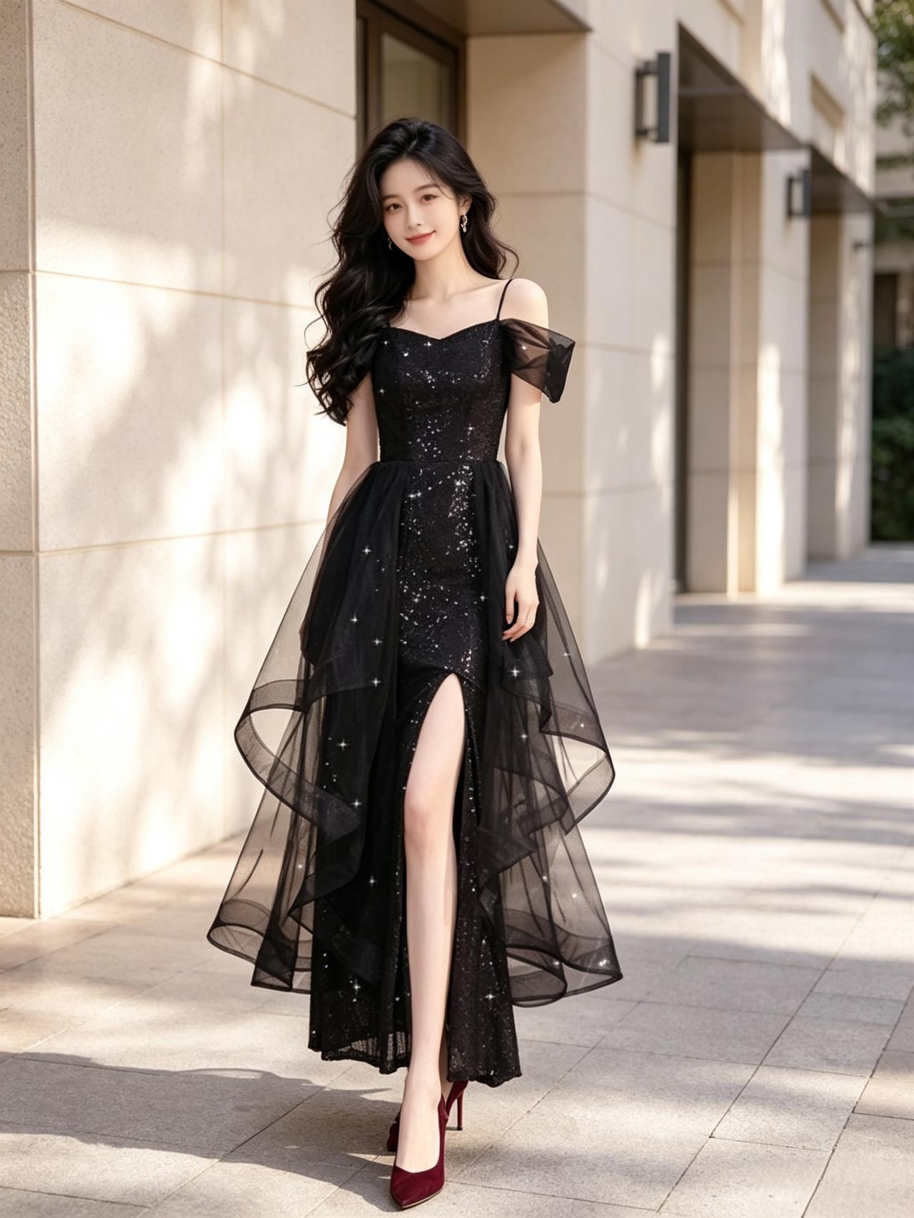 优雅黑裙，星光闪耀，自信步伐，都市时尚 分享美女穿搭服饰 女生怎么穿搭会看上去很
