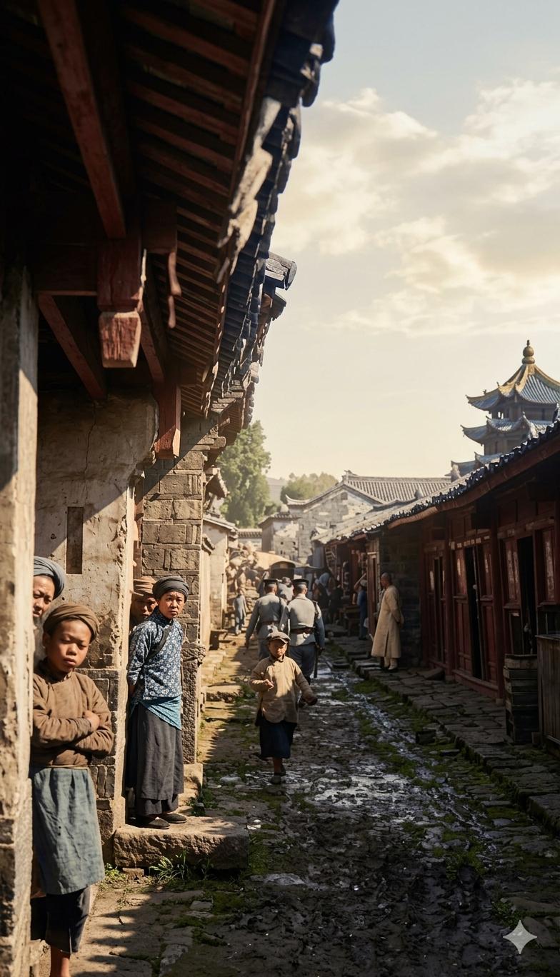 民初，西南某老城街巷，两侧是砖木结构的民居，屋檐挑出形成阴凉，路面是泥泞不平的土