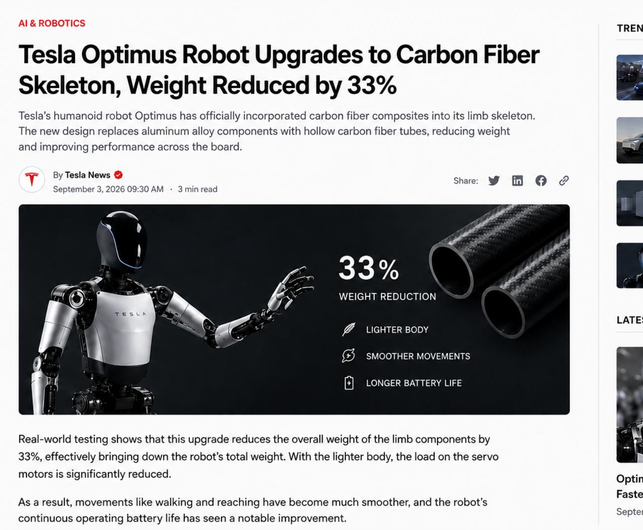 【特斯拉Optimus机器人升级为碳纤维骨架，重量减轻33%】
🔥特斯拉Opt