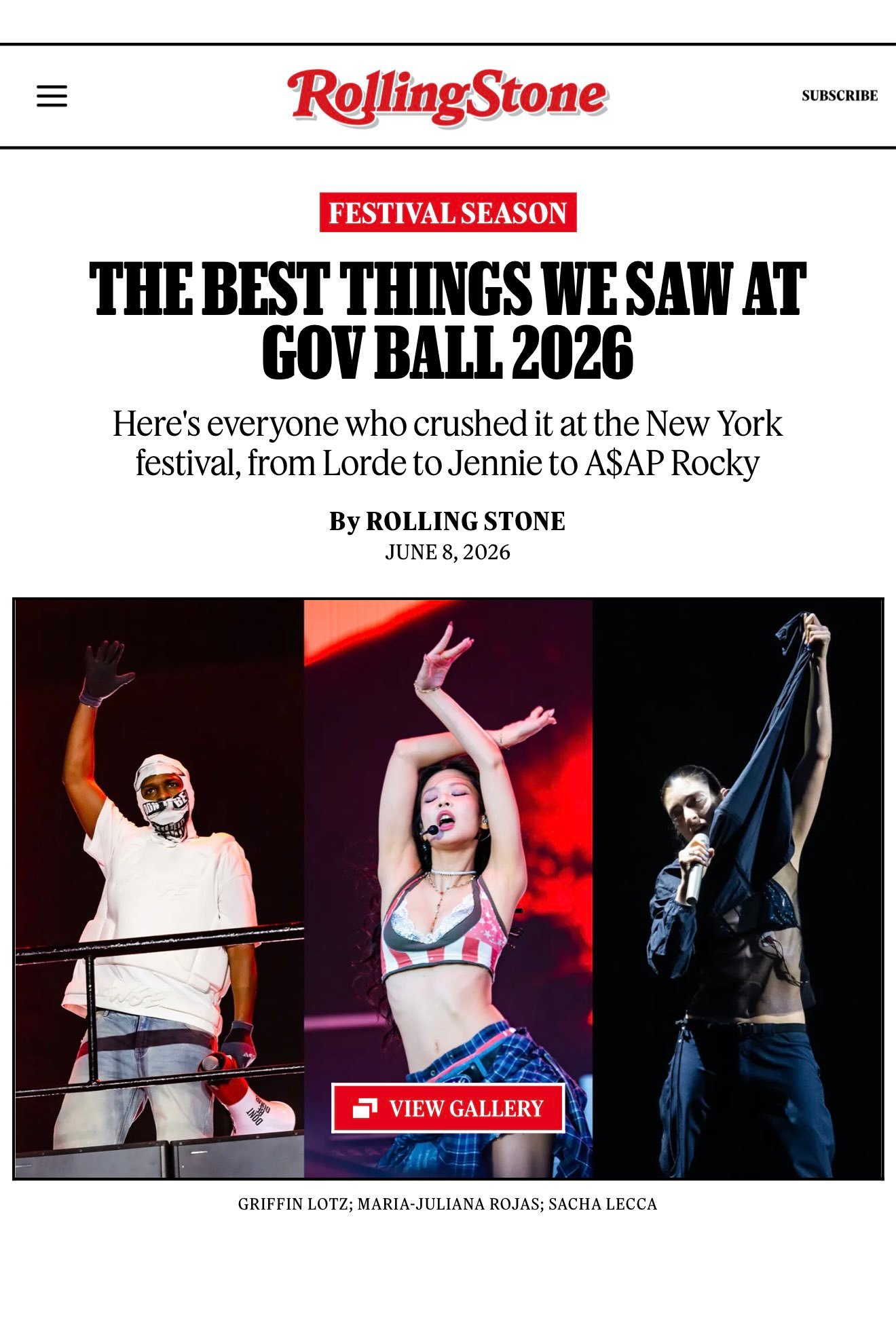 《滚石》杂志将JENNIE 的表演评选为 Gov Ball音乐节最佳表演之一 「