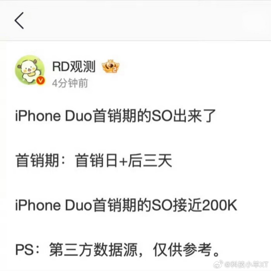 iPhone Duo首销4天接近20万台，良率产能+黄牛影响，首销数据参考意义不