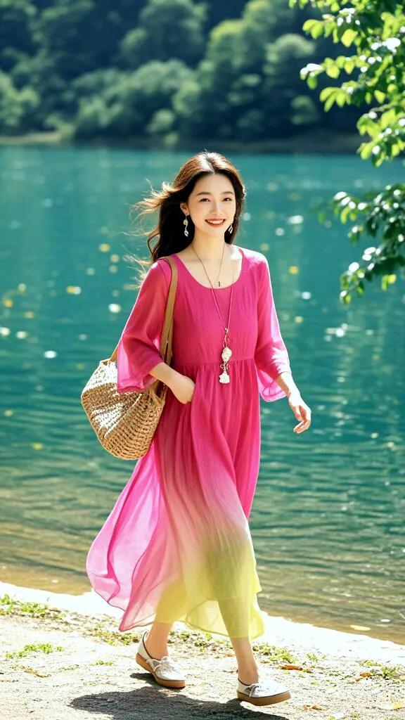 红裙轻舞水波间#清风拂面心欢颜#温婉温柔穿搭