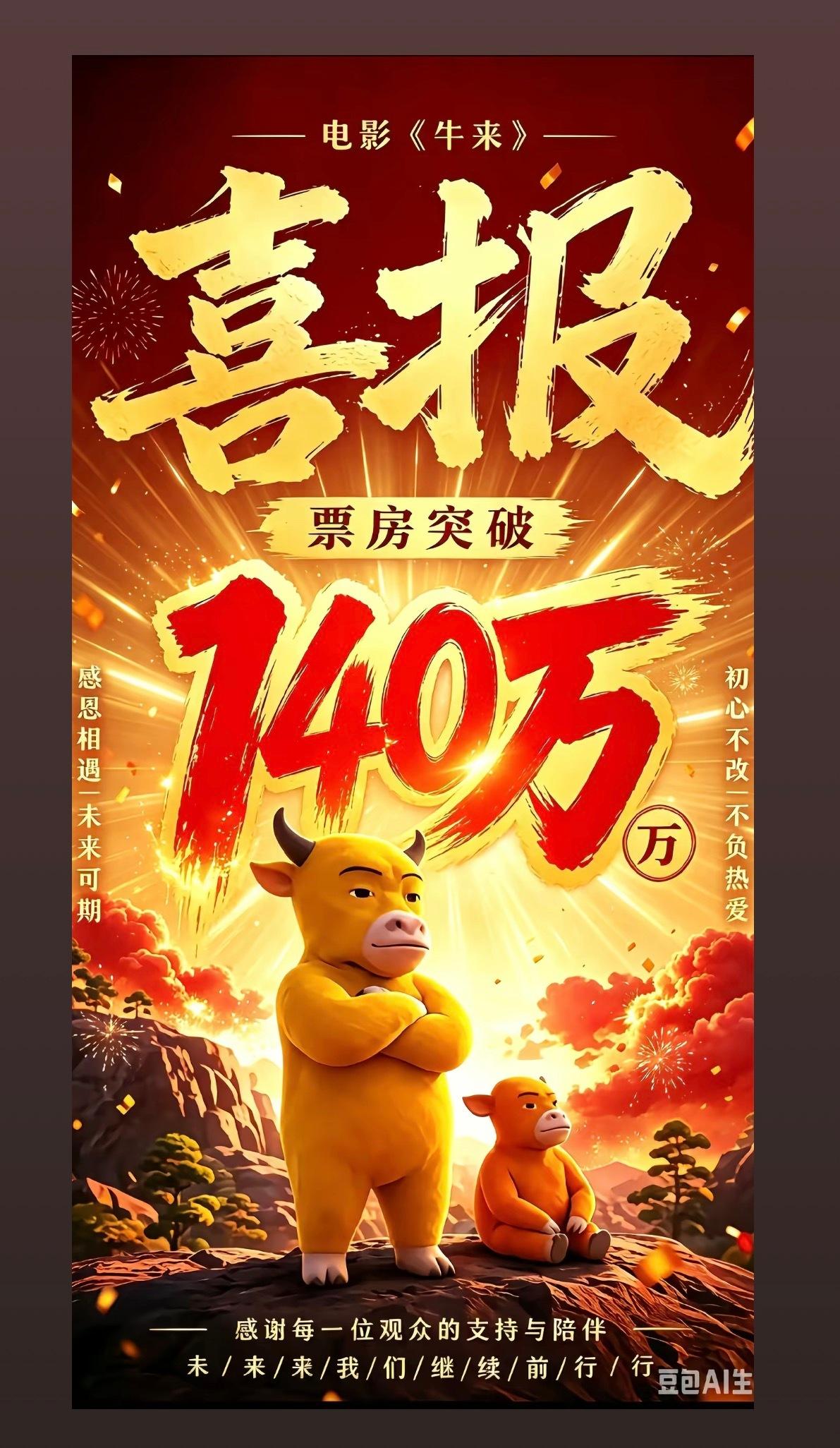我彻底绷不住了，《牛来》的抖音电影海报封面，居然是豆包AI做的，人家居然没有把水
