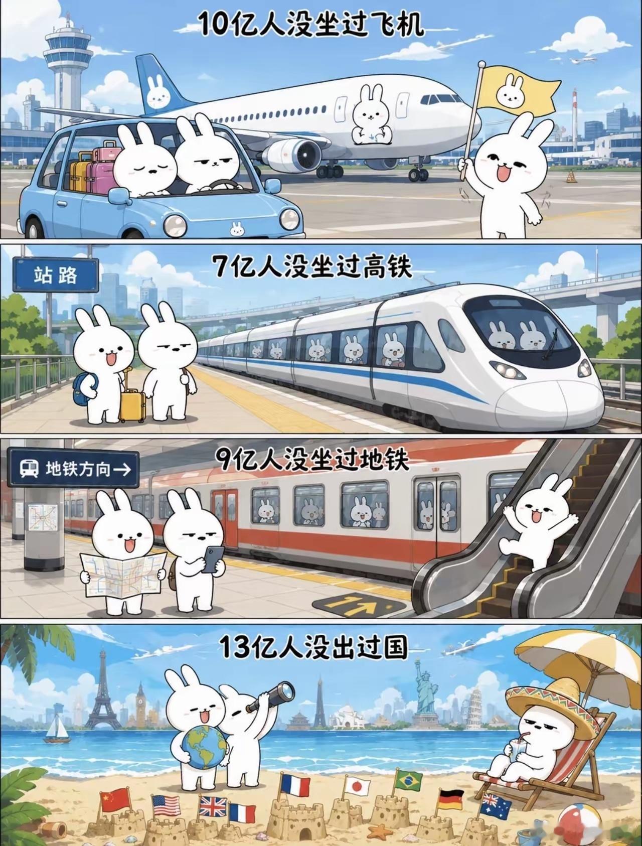 10亿人没坐过飞机，7亿人没坐过高铁，9亿人没坐过地铁，13亿人没出过国。这数据