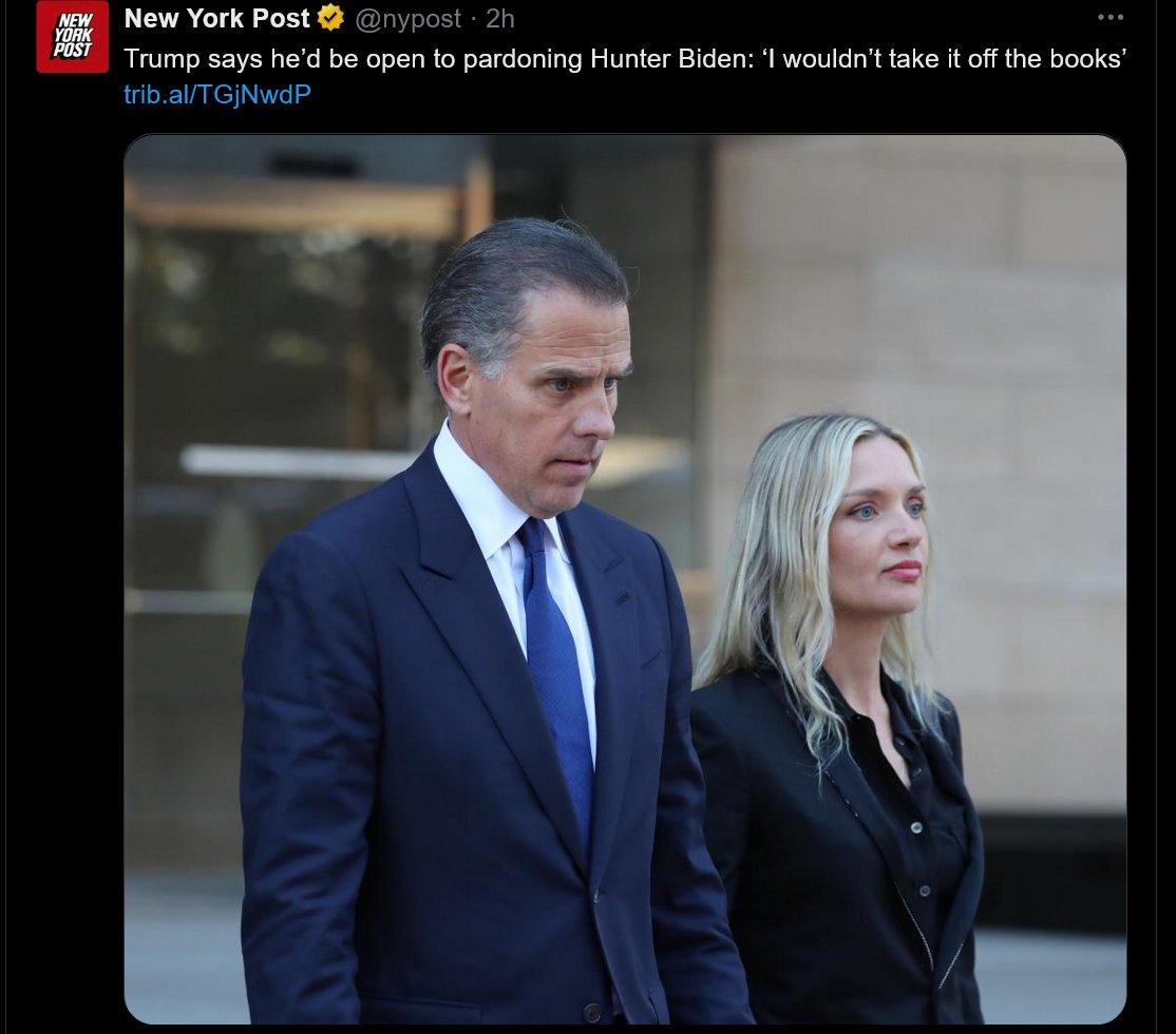 特朗普表示他不排除赦免亨特·拜登的可能性：“我不会完全否定这个选项”。