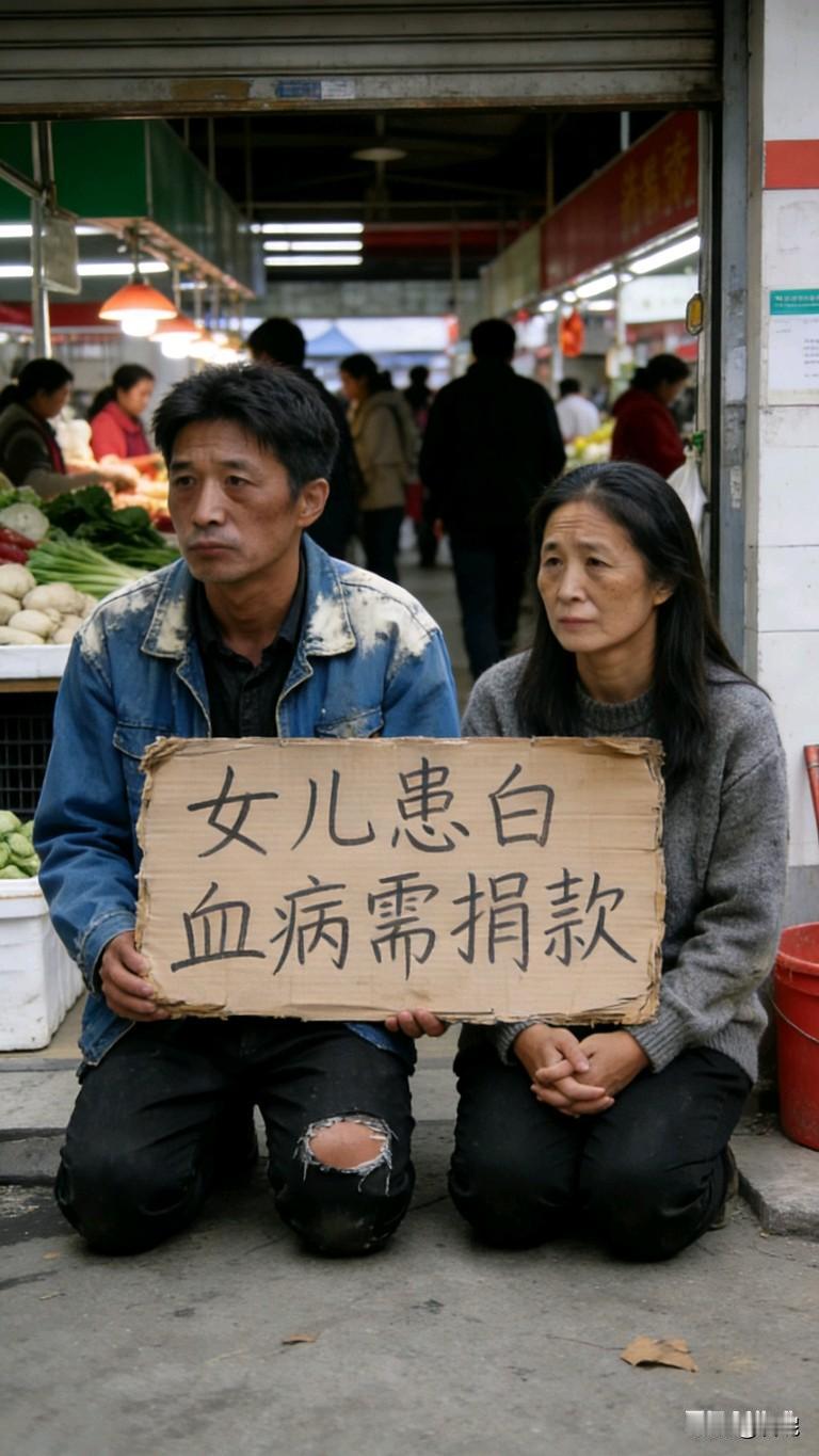 今去买菜，菜市场门口碰到一对中年夫妻跪在地上，立着告示牌，大概的意思就是女儿白血