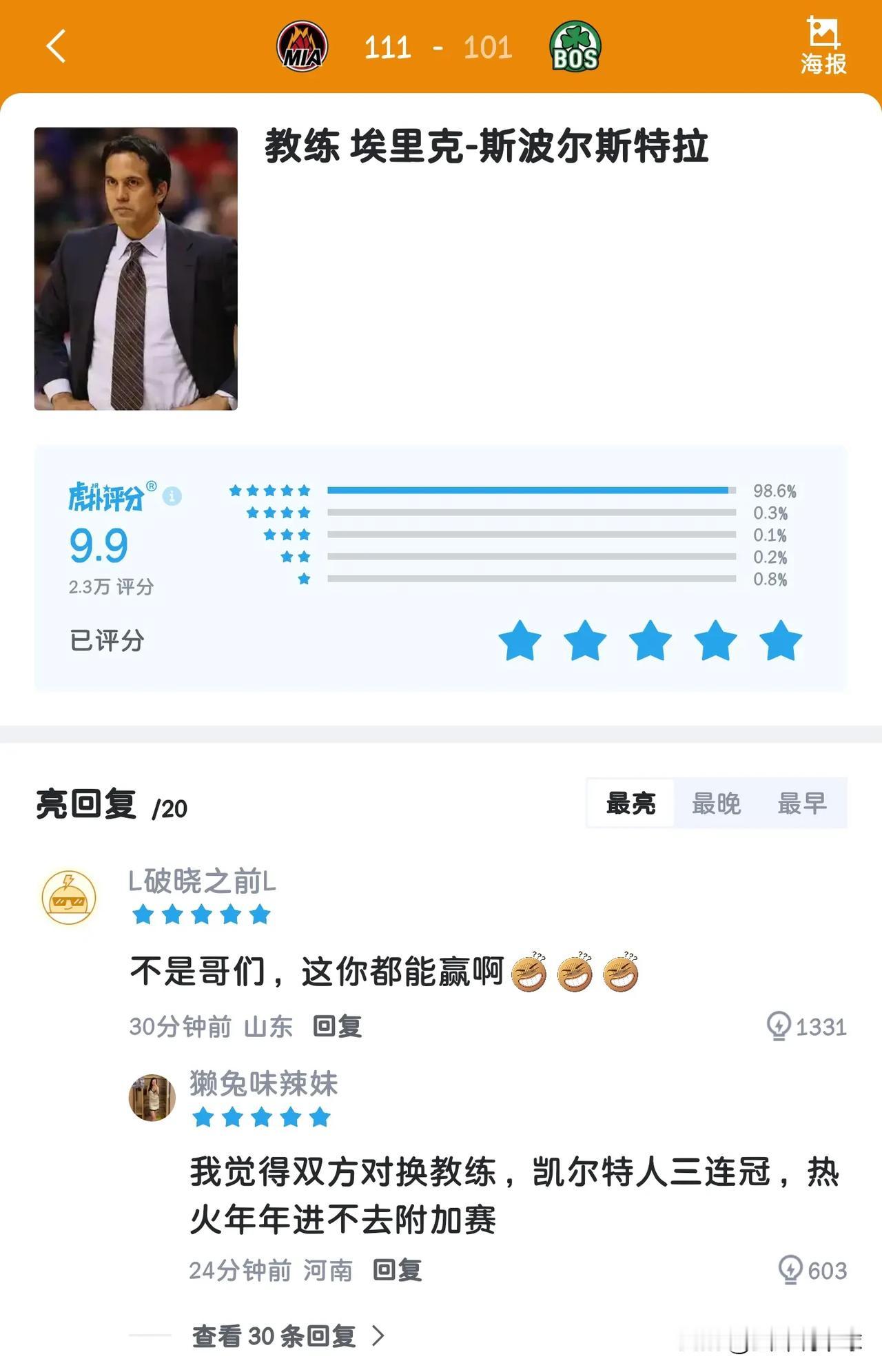 湖人球迷看了自家教练，又是羡慕热火队的一天，
太阳球迷看了自家教练，又是羡慕热火