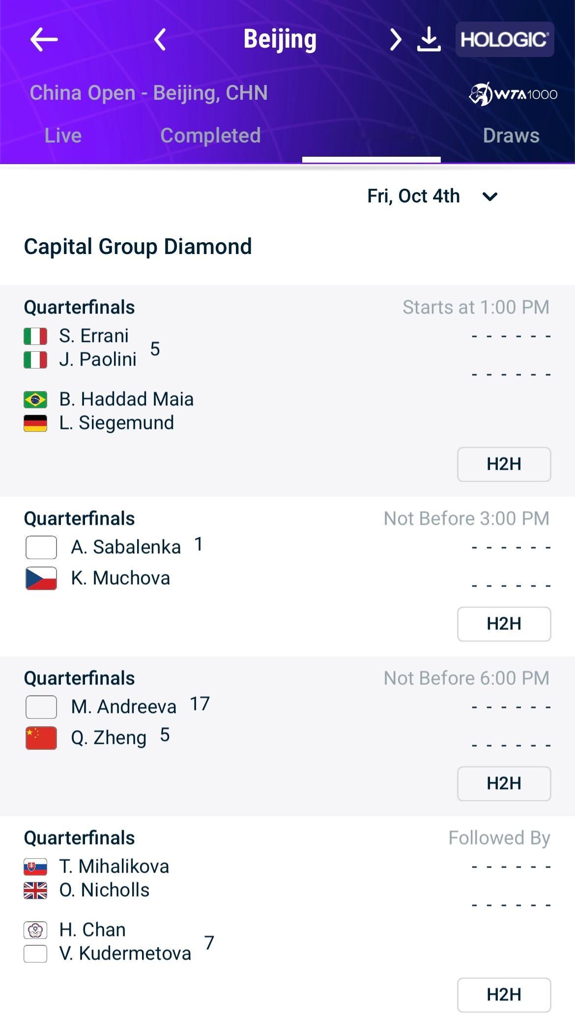 #2024中网# 中网明日赛程：不早于15:00 萨巴伦卡 vs 穆霍娃不早于1