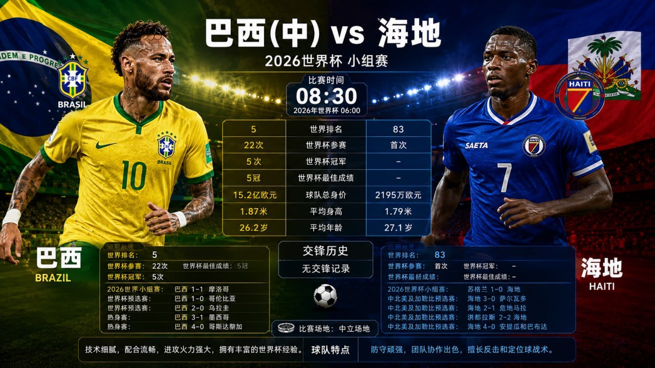巴西vs海地世界杯08:30让⚽️：巴西-2.5开⚽️：巴西大小：大3.5/4∠