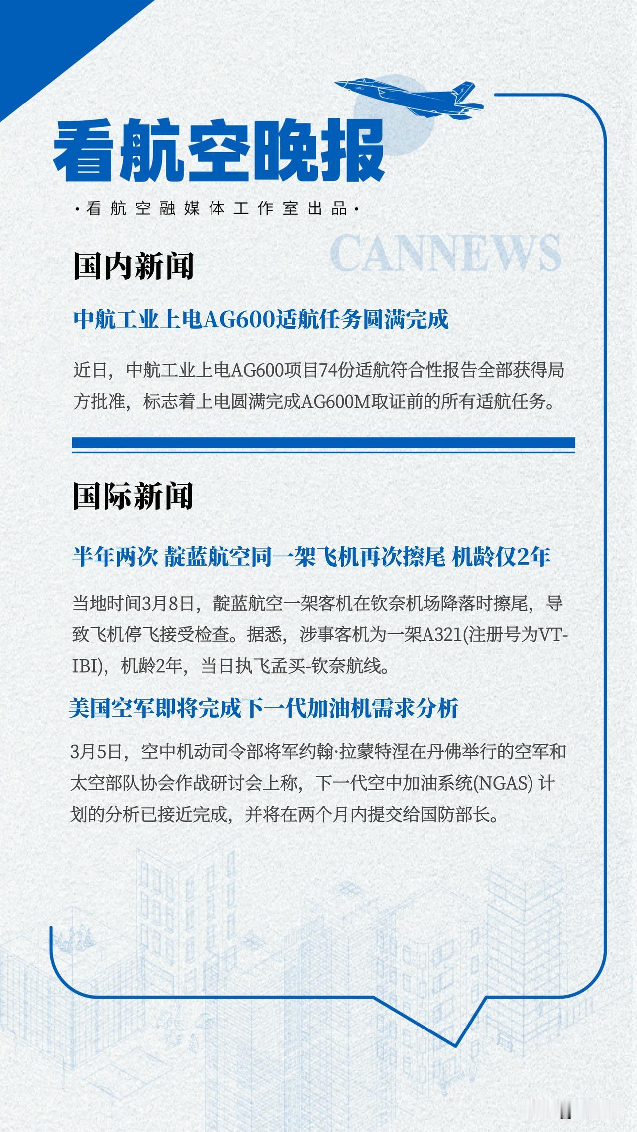 3.10晚报
中航工业上电AG600适航任务圆满完成
半年两次 靛蓝航空同一架飞