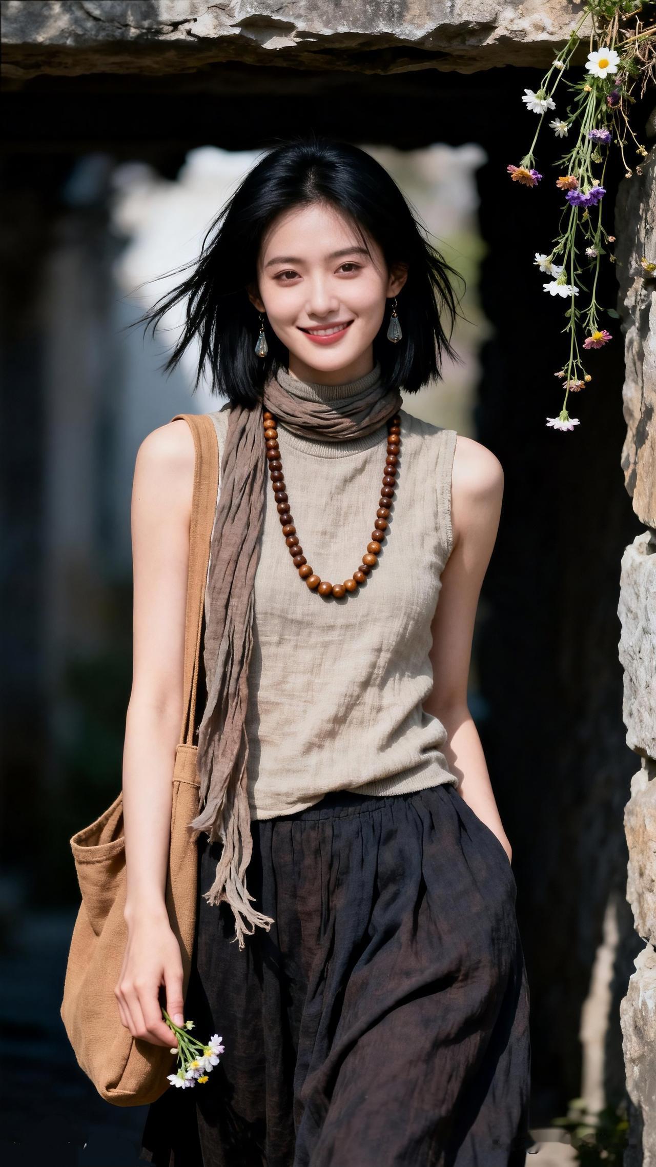 阳光下的少女，自然清新，花束相伴，自在悠然。