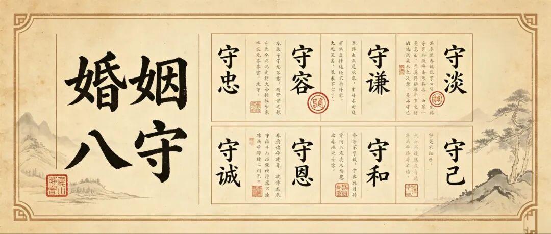 婚姻八守：守忠、守容、守淡、守谦、守诚、守恩、守和、守己
 有人说：好的婚姻，从