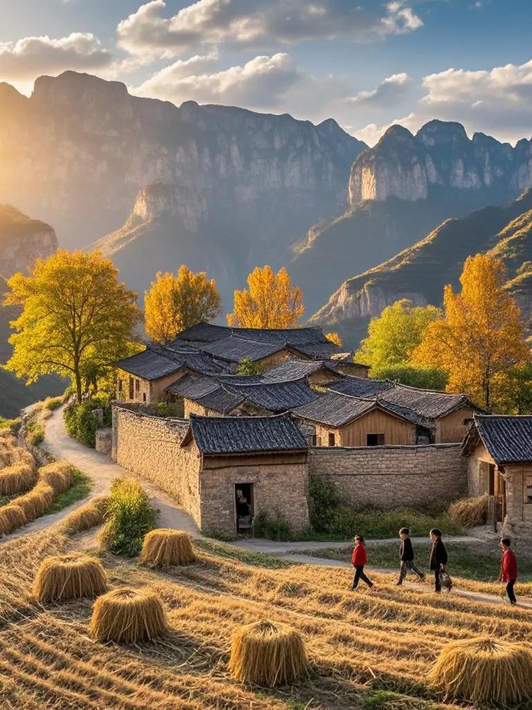 岳家寨在太行山，西靠北依东壁南。夕阳轻抚田园画，秋实金辉映石磐。壮美太行山。 丽