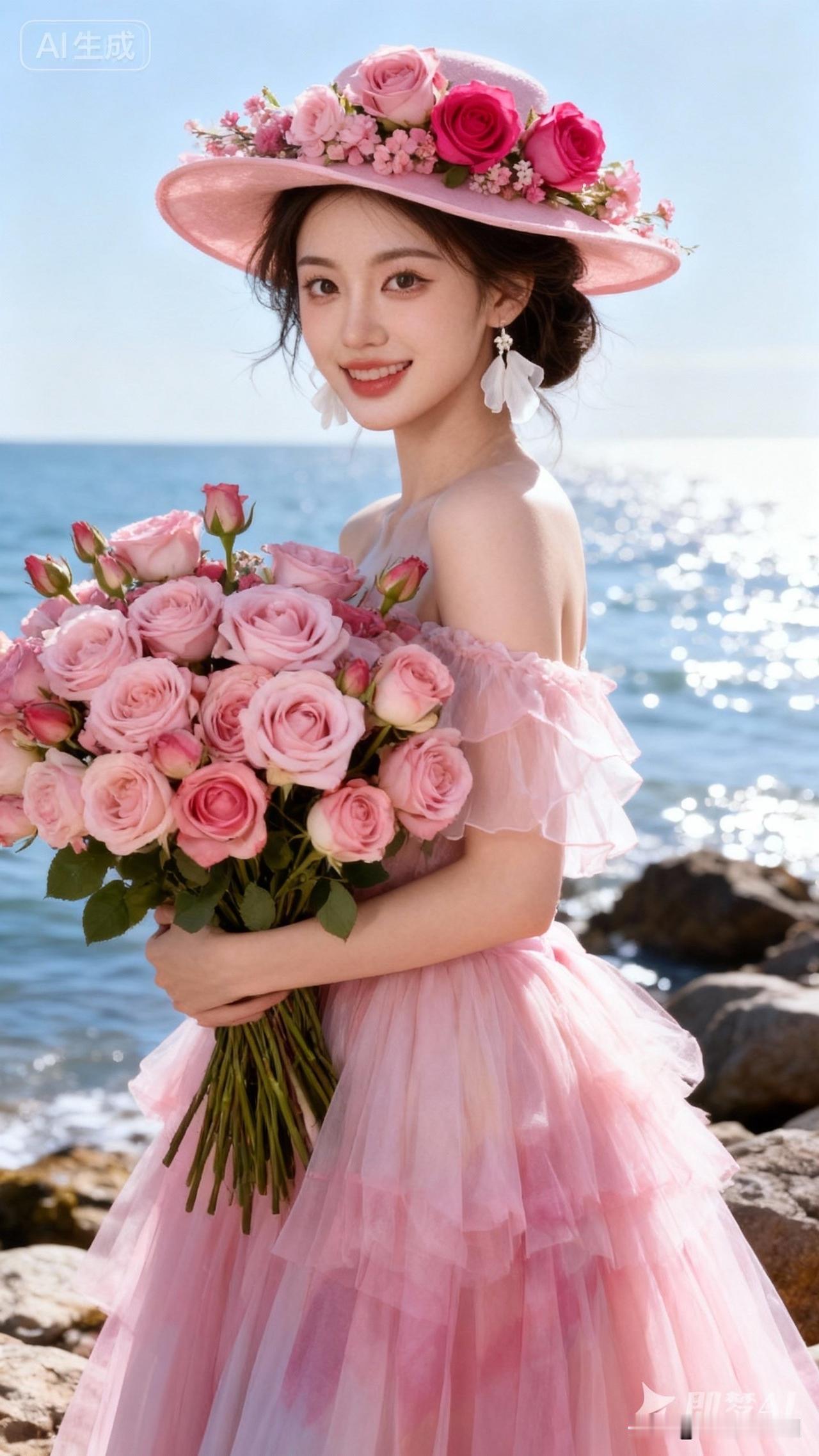 海边少女与粉色花海，浪漫夏日时光