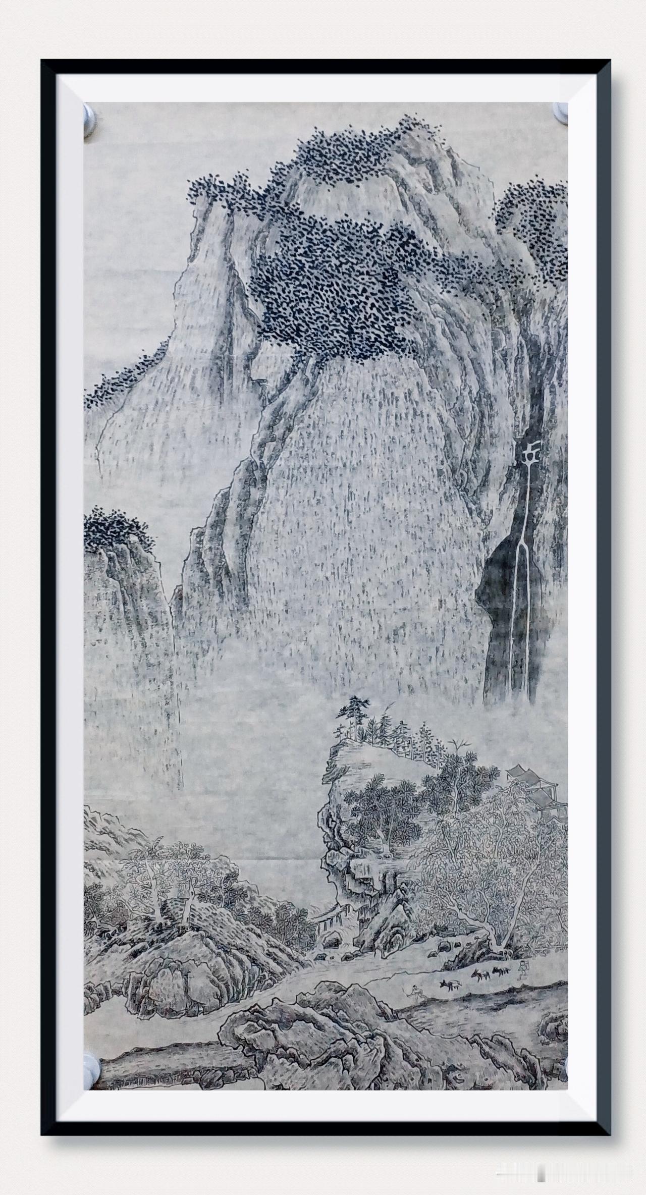 《溪山行旅图》三尺国画已完成绘制。
    此作以高远法构境，表现山峰的巍峨气势