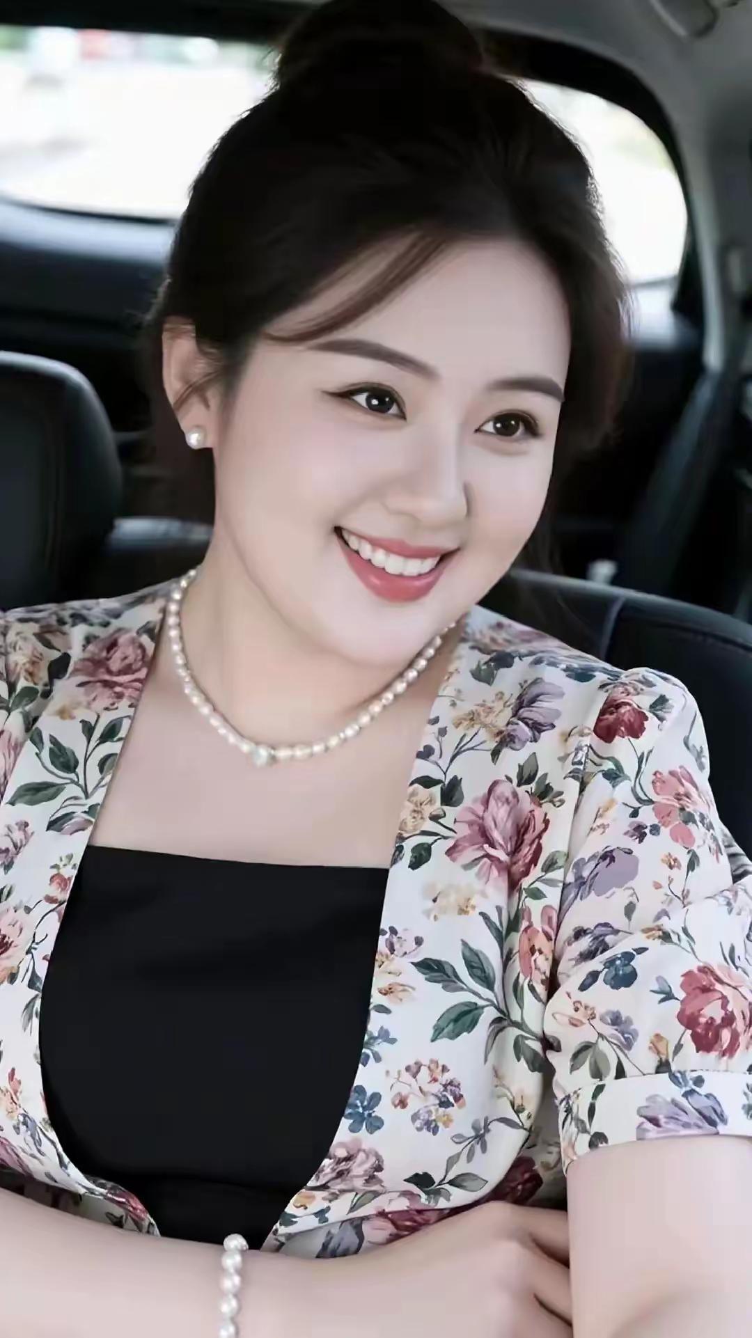 优雅车中自拍，珍珠项链点缀，花色西装外套，微笑动人！