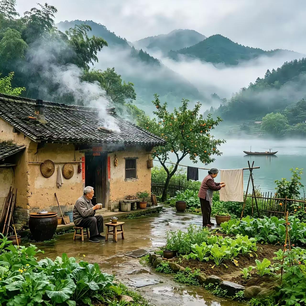 清江引·雨后江南
雨歇庭阶青石润，
老翁慢品茶香嫩。
村妇晒罗裙，
炊烟绕篱根，