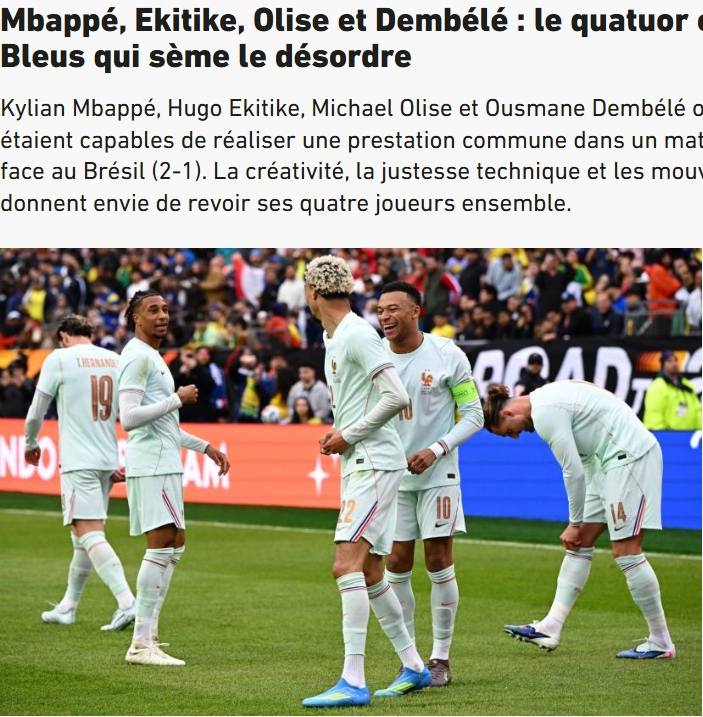 3月28日 法国队在友谊赛中2-1击败巴西队，法媒《队报》撰写文章，分析了法国队