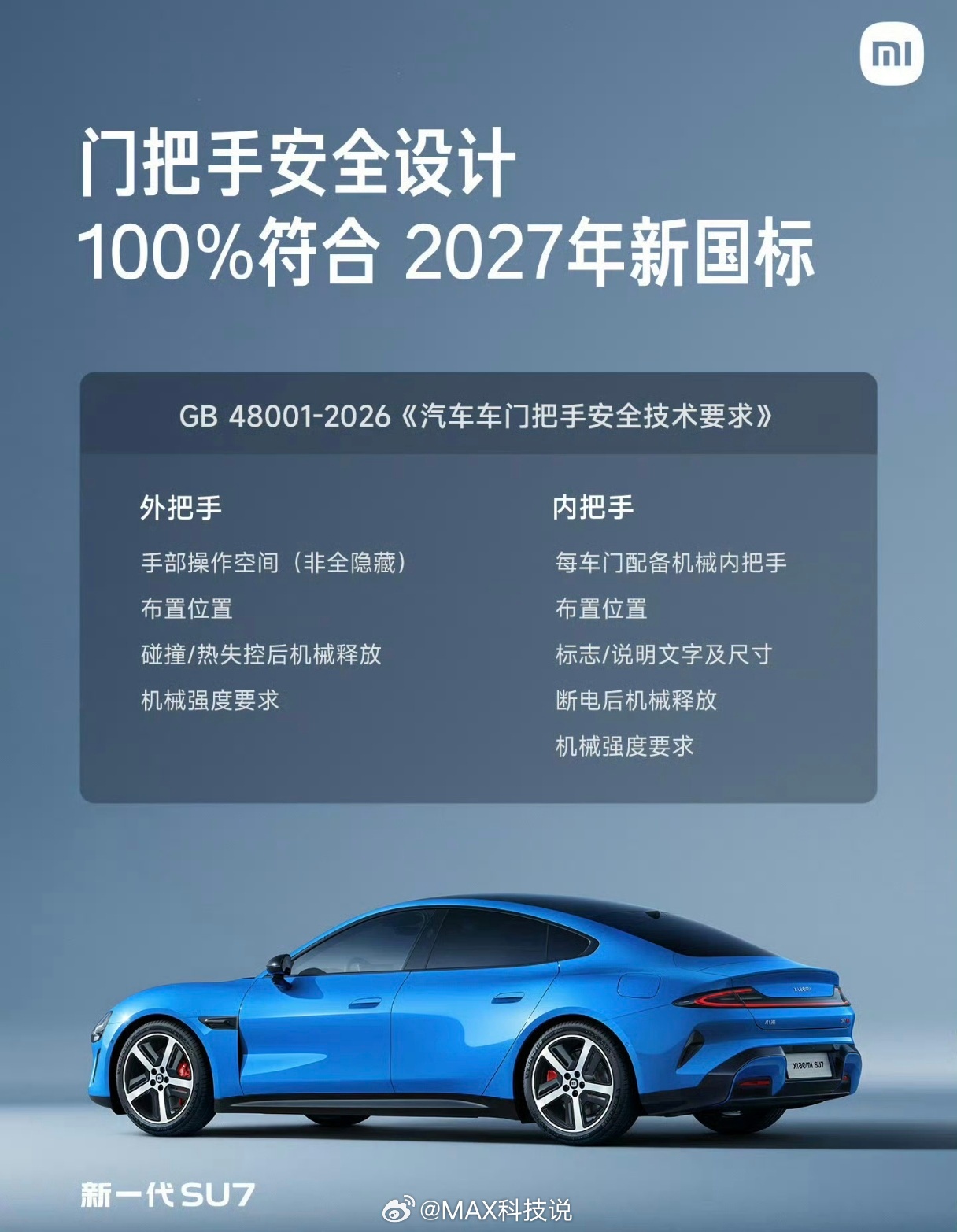 新SU7的车门把手全面升级，安全性拉满雷军称新SU7门把手完全符合新国标升级半隐