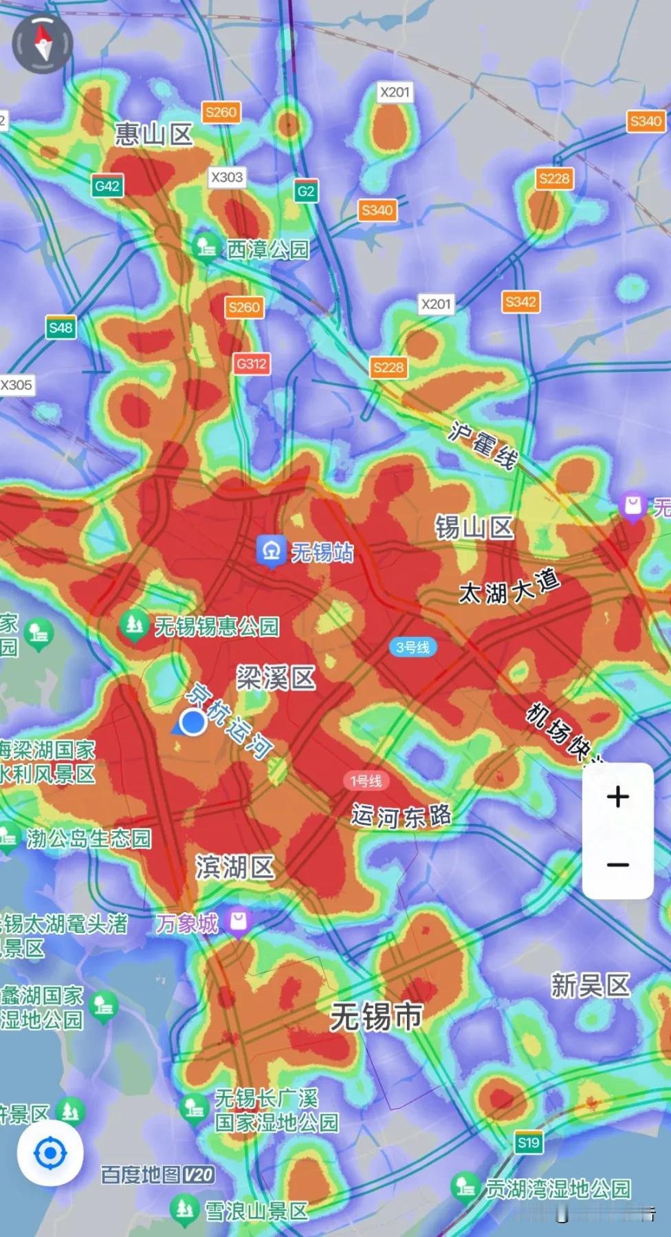 无锡在十一假期期间，市区也是热力满满，从百度热力图上可以看出，真的是热辣滚烫的人