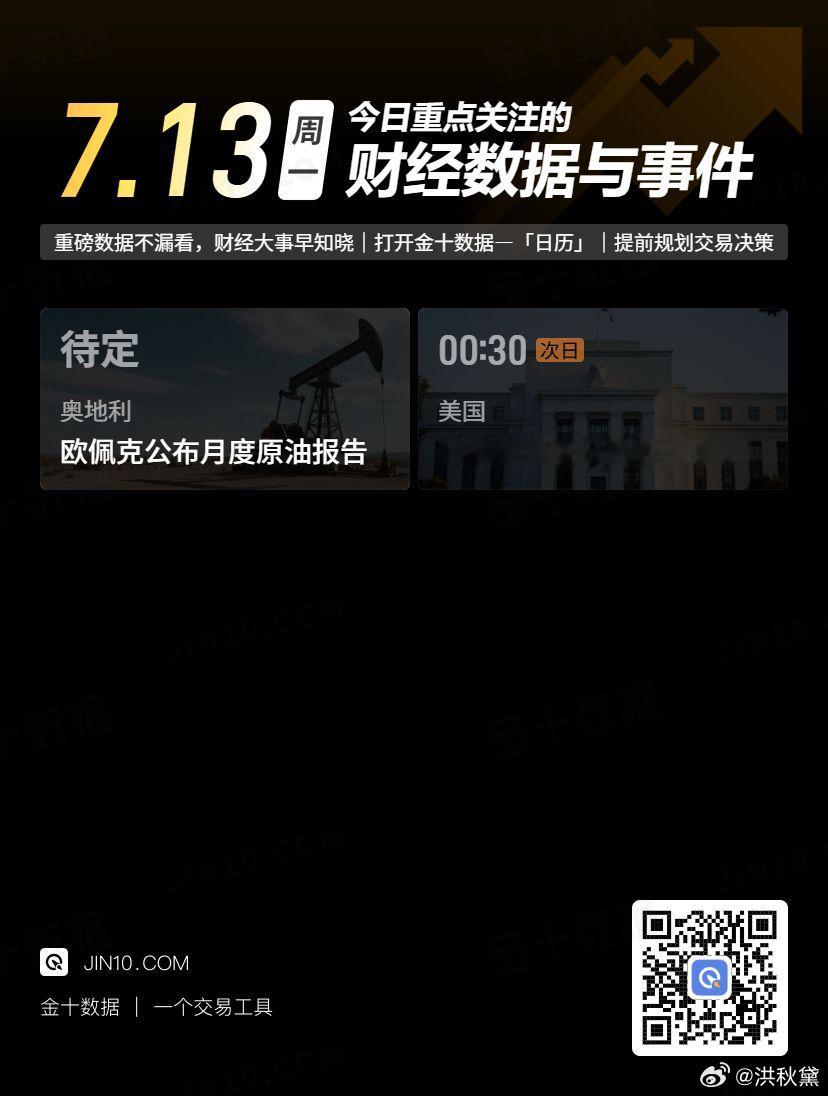 今日重点关注的财经数据与事件：2026年7月13日 周一 