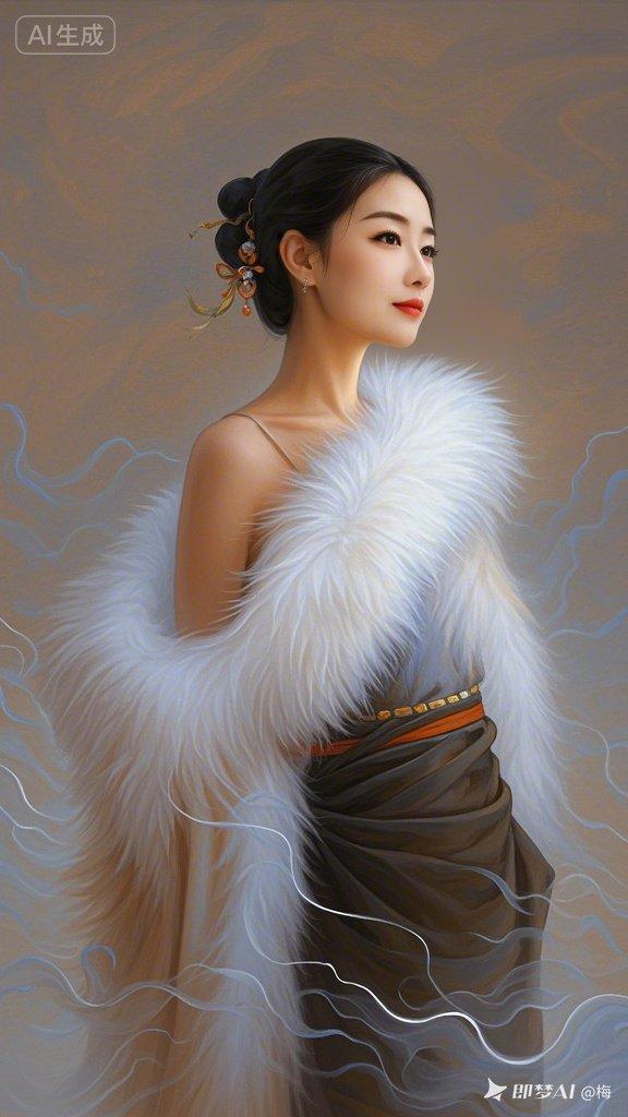 古代美人着毛裘，雪皓霜莹，质感朦胧唯美，意识流意境深邃，尽显高级美感。