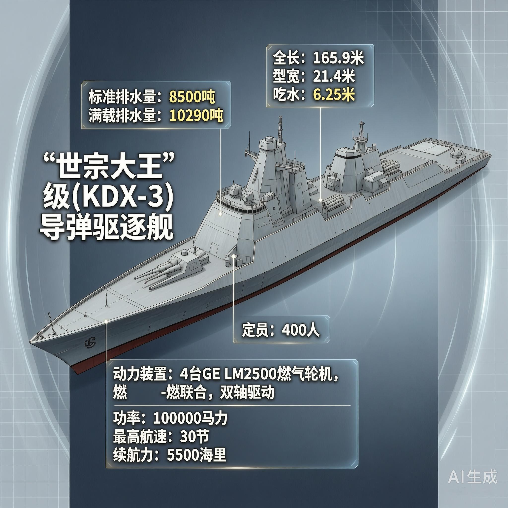 军事ai新视野 “世宗大王”级导弹驱逐舰［韩］标准排水量：8500吨满载排水量：