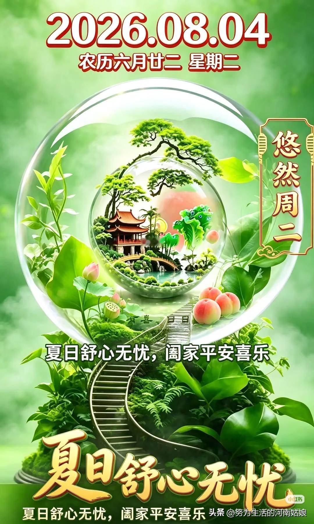 周二清晨，早安。生活不必时时刻刻紧绷，忙的时候也要记得给自己留一点喘息空间。暑气
