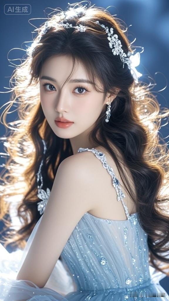 梦幻蓝裙公主，闪耀的珠宝头饰，宛如童话中的仙子。