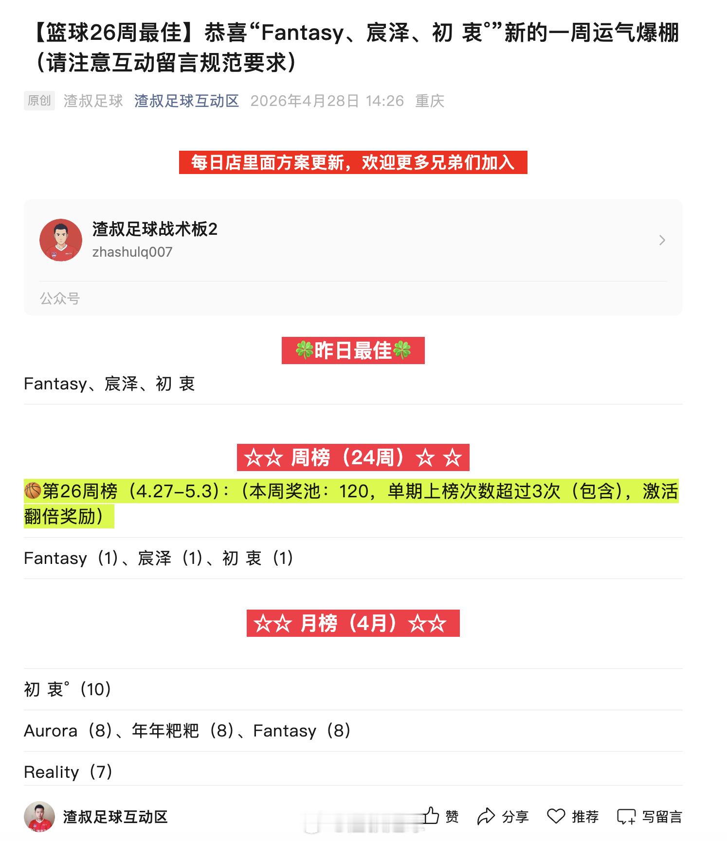 【篮球26周最佳】恭喜“Fantasy、宸泽、初 衷°”新的一周运气爆棚（请注意