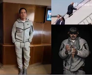 特朗普乘坐的美国空军一号正飞往北京，特朗普坐在总统舱里，而美国国务卿卢比奥在他那
