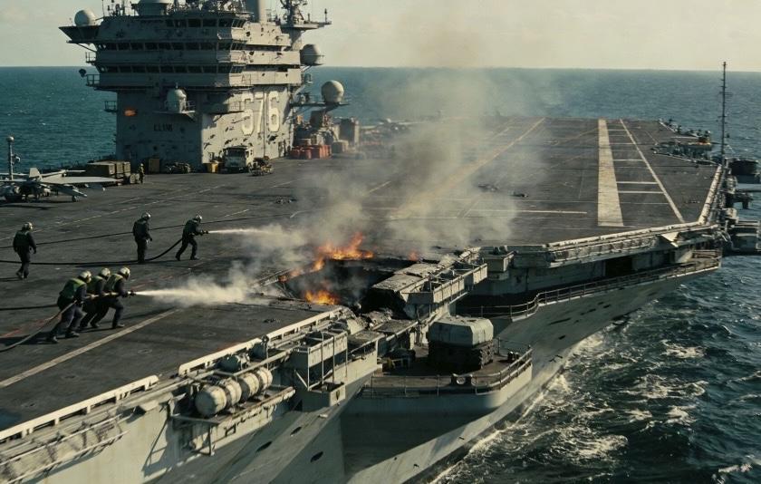 烈焰撕裂甲板，浓烟裹挟着危险在海风中弥漫。身着防护服的应急队员们逆火冲锋，高压水