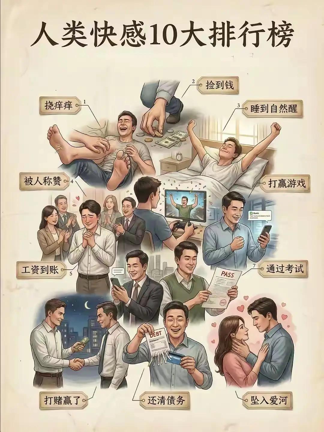 什么10大快感？古人早就总结了人生4大快乐，那才是长久的，其它都是乐极一时的，你