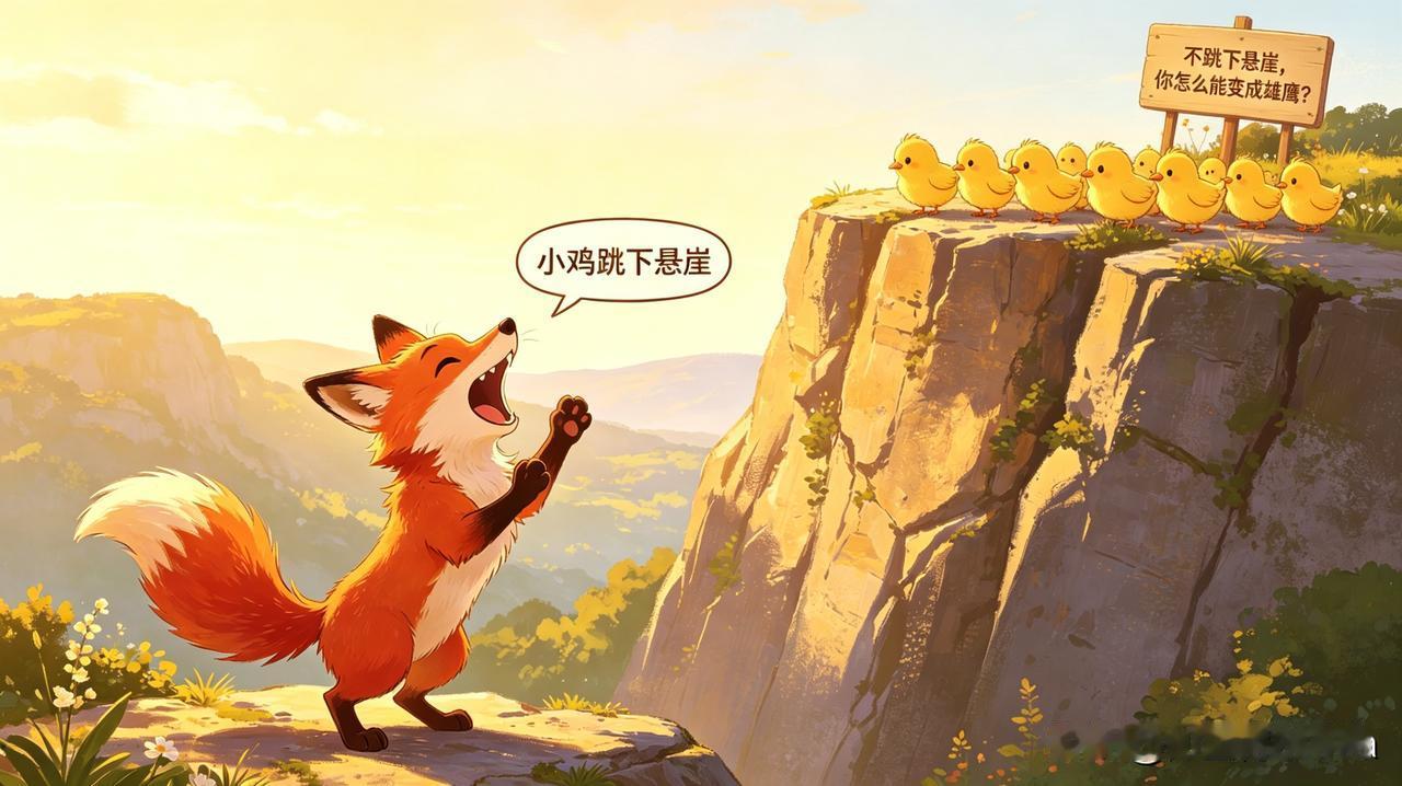 悬崖边上住着一群小鸡，
山下住着一只狐狸，
狐狸想吃鸡却很难抓到小鸡，
便在悬崖