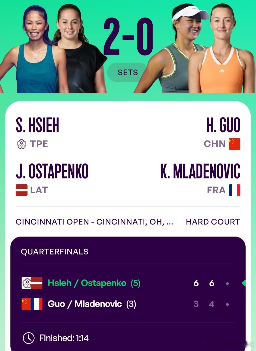 WTA1000辛辛那提站🇺🇸女双8进4郭涵煜🇨🇳/梅拉德诺维奇🇫🇷3