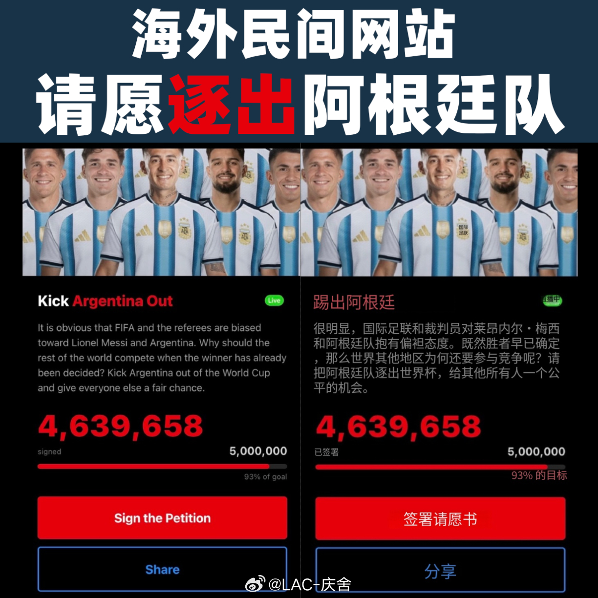 请愿逐出阿根廷人数已超500万  这么魔幻的新闻吗？还说给其他球队一个公平的机会