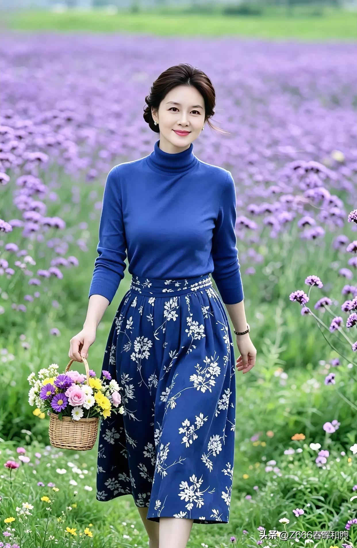 《紫野采芳》

蓝裳曳地步紫烟，素手携篮笑意绵。

花海漫行香染袖，清风拂面自悠