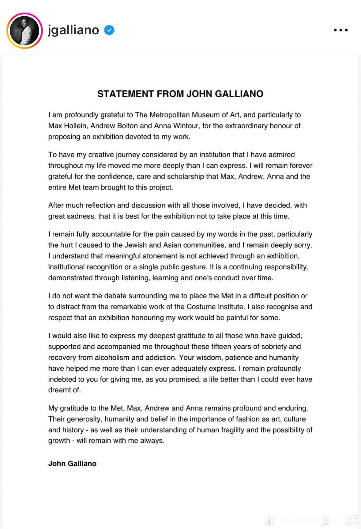 天啊 John Galliano 亲自发布声明，表示2027年大都会博物馆关于他