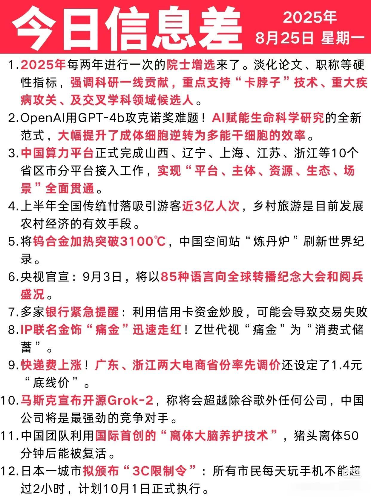 2025年8月25日的“今日信息差”涵盖多领域资讯：

1. 科技学术：2025