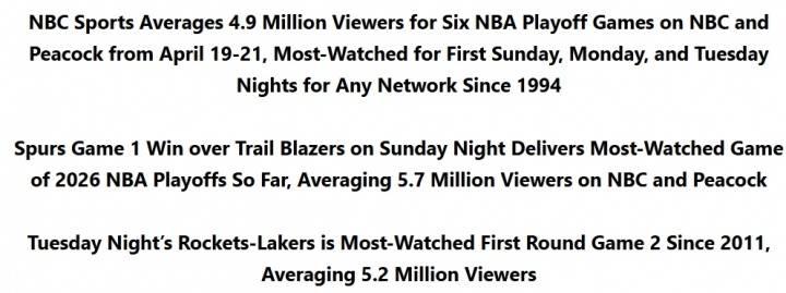 今天，NBA官方正式宣布，4月19号到21号这三天，在NBC和Peacock两个