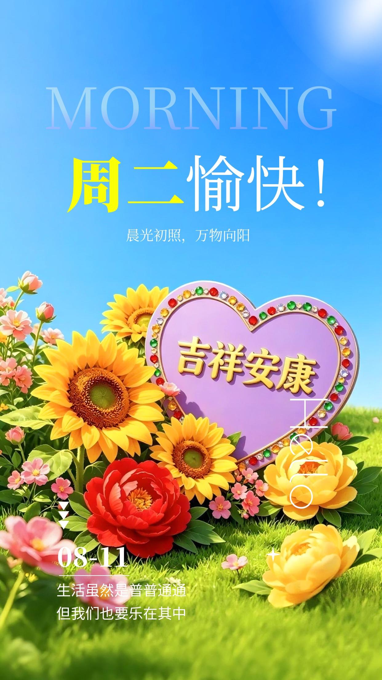 早安，今日是8月11日周二☀️，清晨微风吹散暑气，阳光温柔铺满窗前。新的周二放下
