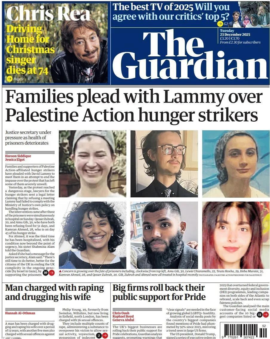 《卫报》开头附上了“巴勒斯坦行动”相关绝食者的家属和支持者的呼吁，要求司法大臣大